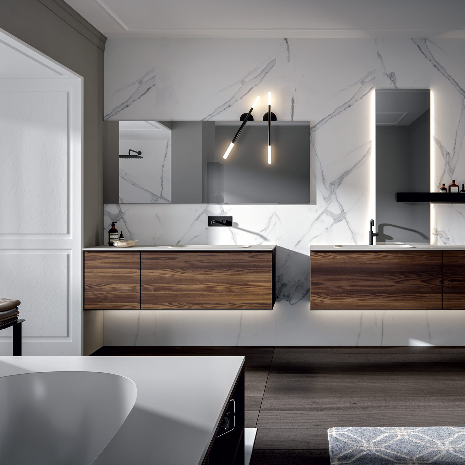 Double vanity with consolle in dark wood with large white marble tiles