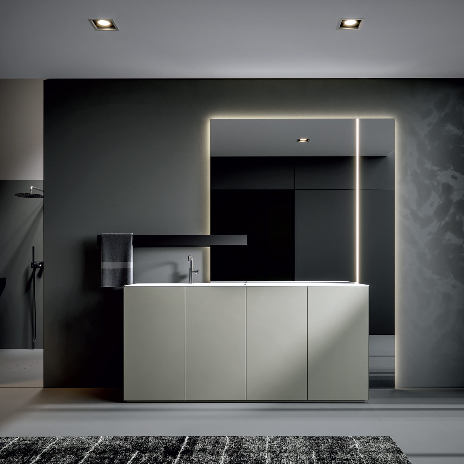 modern grey color vanity with large mirrors