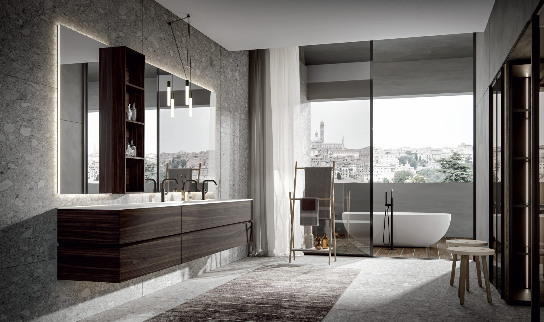 Wall mounted bathroom vanity in dark oak finish