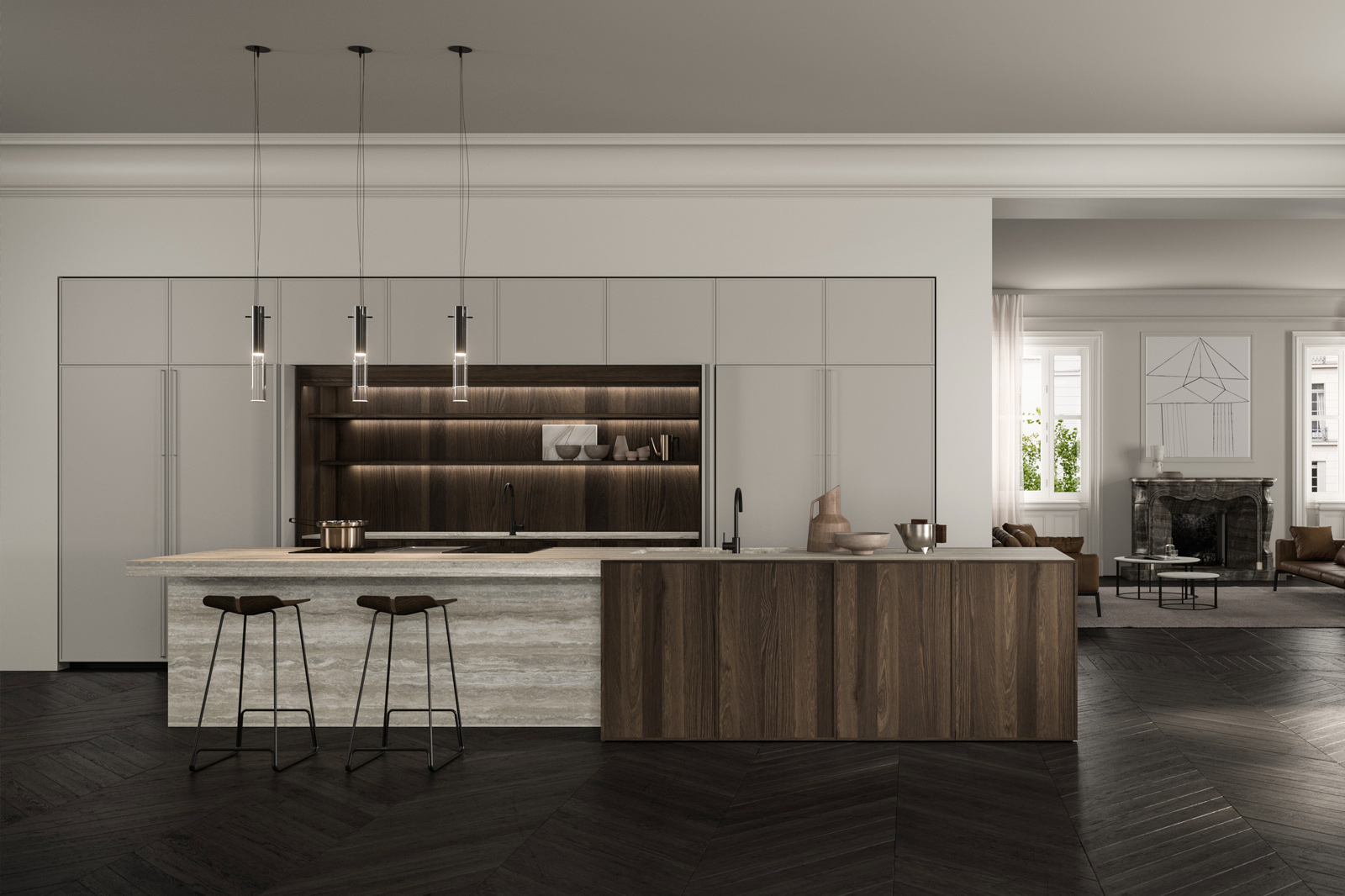 Timeless italian design kitchen in oak wood and matte lacquer