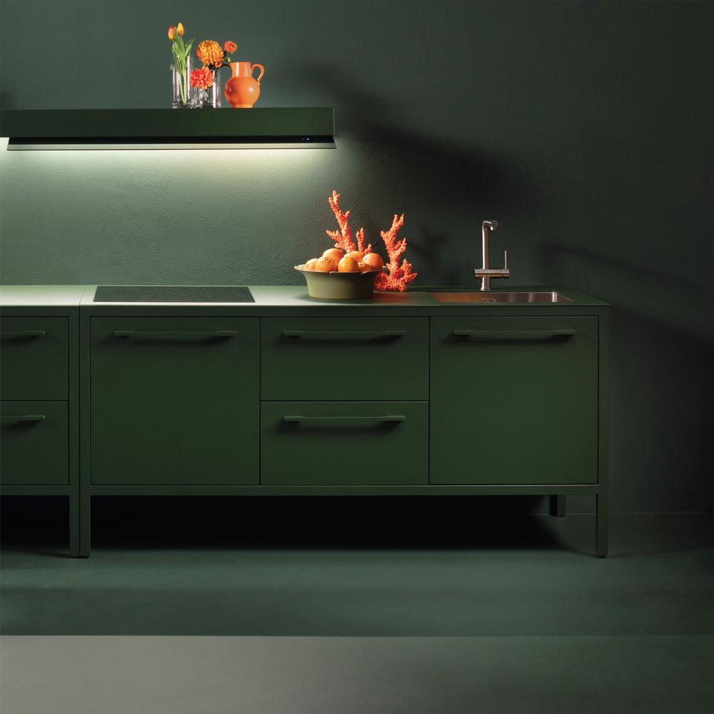 Designer metal kitchen in green color