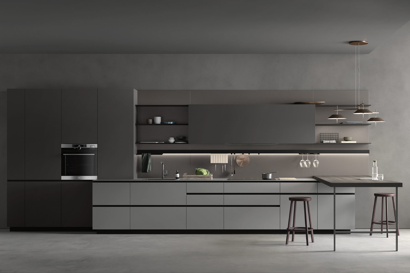 Kitchen cabinets in grey color and wood table