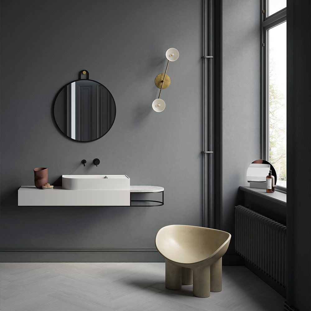 Wall mounted sink, modern white color, black metal frame